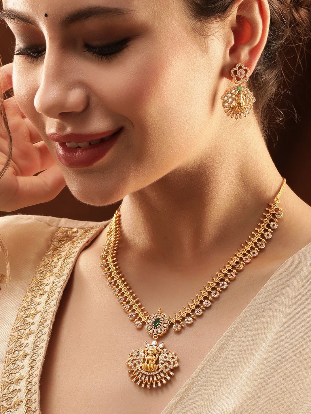 Dhiyona RJ Women's 22 KT Gold Plated CZ Emerald-Studded Goddess Lakshmi Jewellery Set
