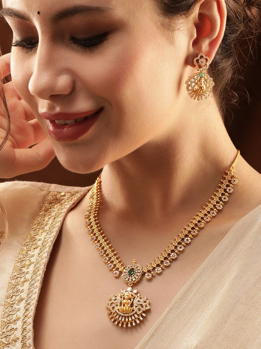 Dhiyona RJ Women's 22 KT Gold Plated CZ Emerald-Studded Goddess Lakshmi Jewellery Set