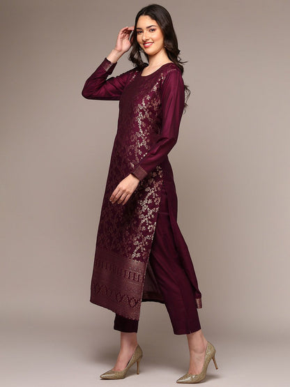 Dhiyona KL Floral Woven Design Zari Straight Kurta With Trousers & Dupatta