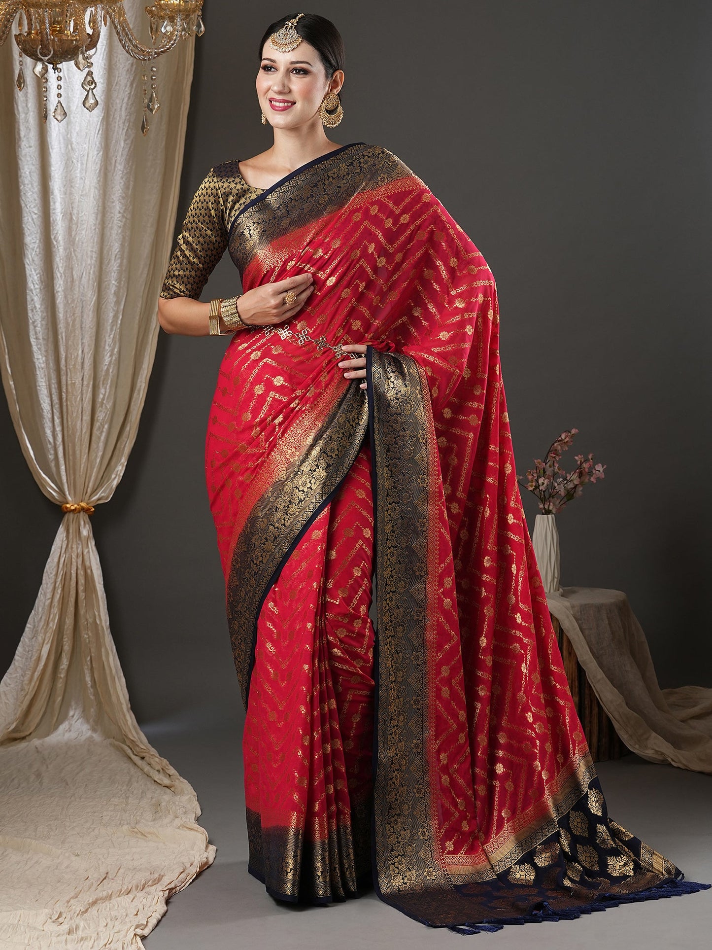Women's Georgette Pink Woven Design Designer Saree With Blouse Piece
