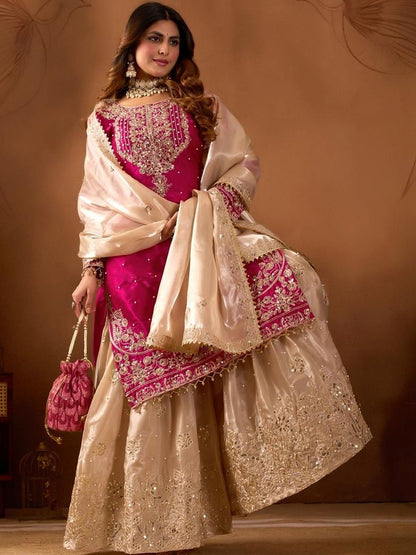 Dhiyona KL Women Ethnic Motifs Embroidered Regular Kurta with Sharara & With Dupatta