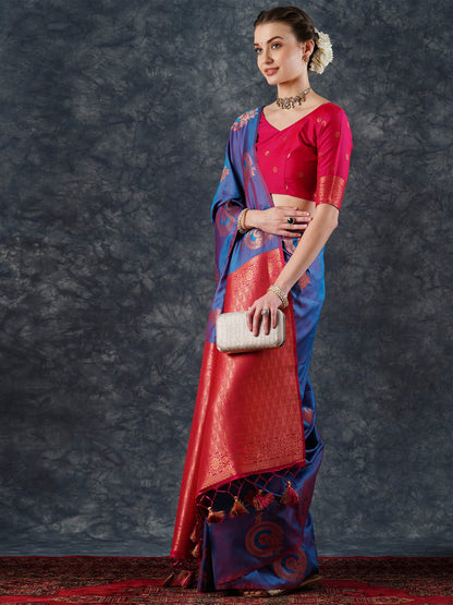 Women's Silk Blend Teal blue Woven Design Designer Saree With Blouse Piece