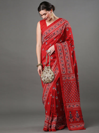Women's Bhagalpuri Silk Red Printed Designer Saree With Blouse Piece