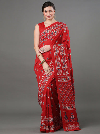 Women's Bhagalpuri Silk Red Printed Designer Saree With Blouse Piece