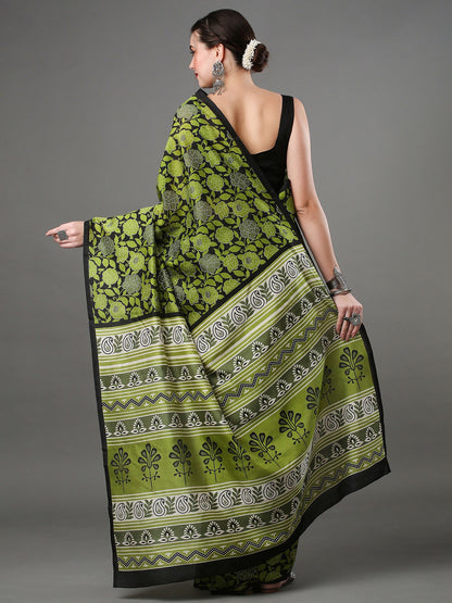 Women's Bhagalpuri Silk Green Printed Designer Saree With Blouse Piece