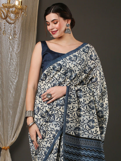 Women's Bhagalpuri Silk Off White Printed Designer Saree With Blouse Piece