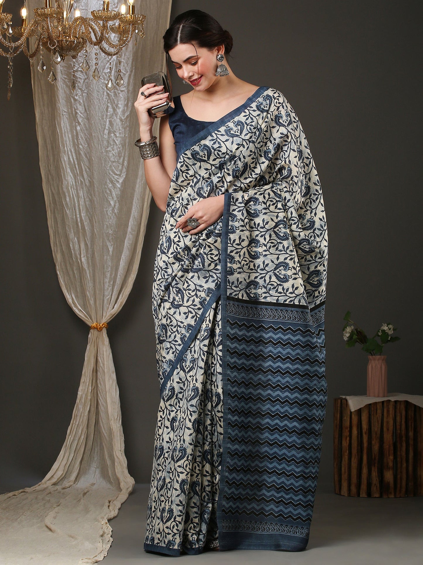 Women's Bhagalpuri Silk Off White Printed Designer Saree With Blouse Piece