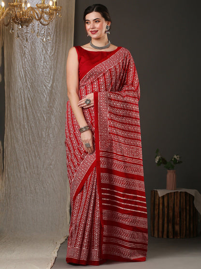 Women's Bhagalpuri Silk Red Printed Designer Saree With Blouse Piece