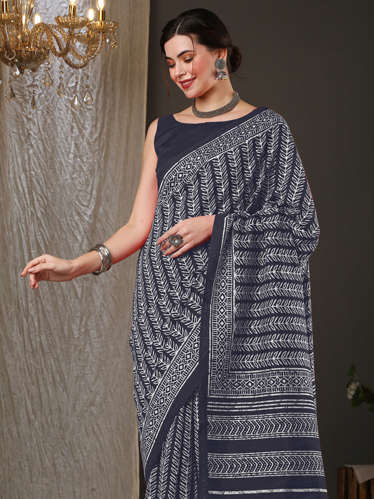 Women's Bhagalpuri Silk Grey Printed Designer Saree With Blouse Piece