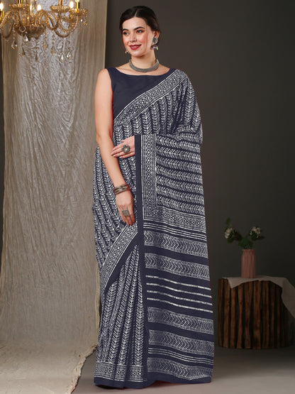 Women's Bhagalpuri Silk Grey Printed Designer Saree With Blouse Piece