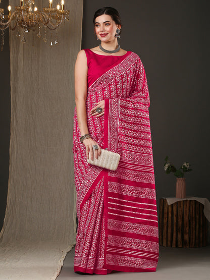 Women's Bhagalpuri Silk Pink Printed Designer Saree With Blouse Piece