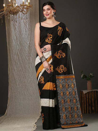 Women's Bhagalpuri Silk Black Printed Designer Saree With Blouse Piece