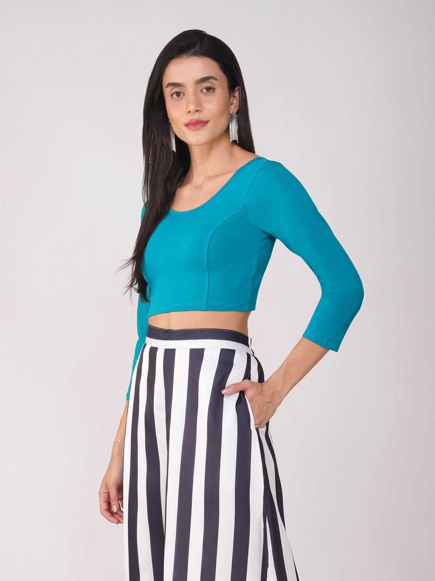 Dhiyona ST Women's ComfortEase 4-Way Stretch Turquoise Long Sleeve Blouse
