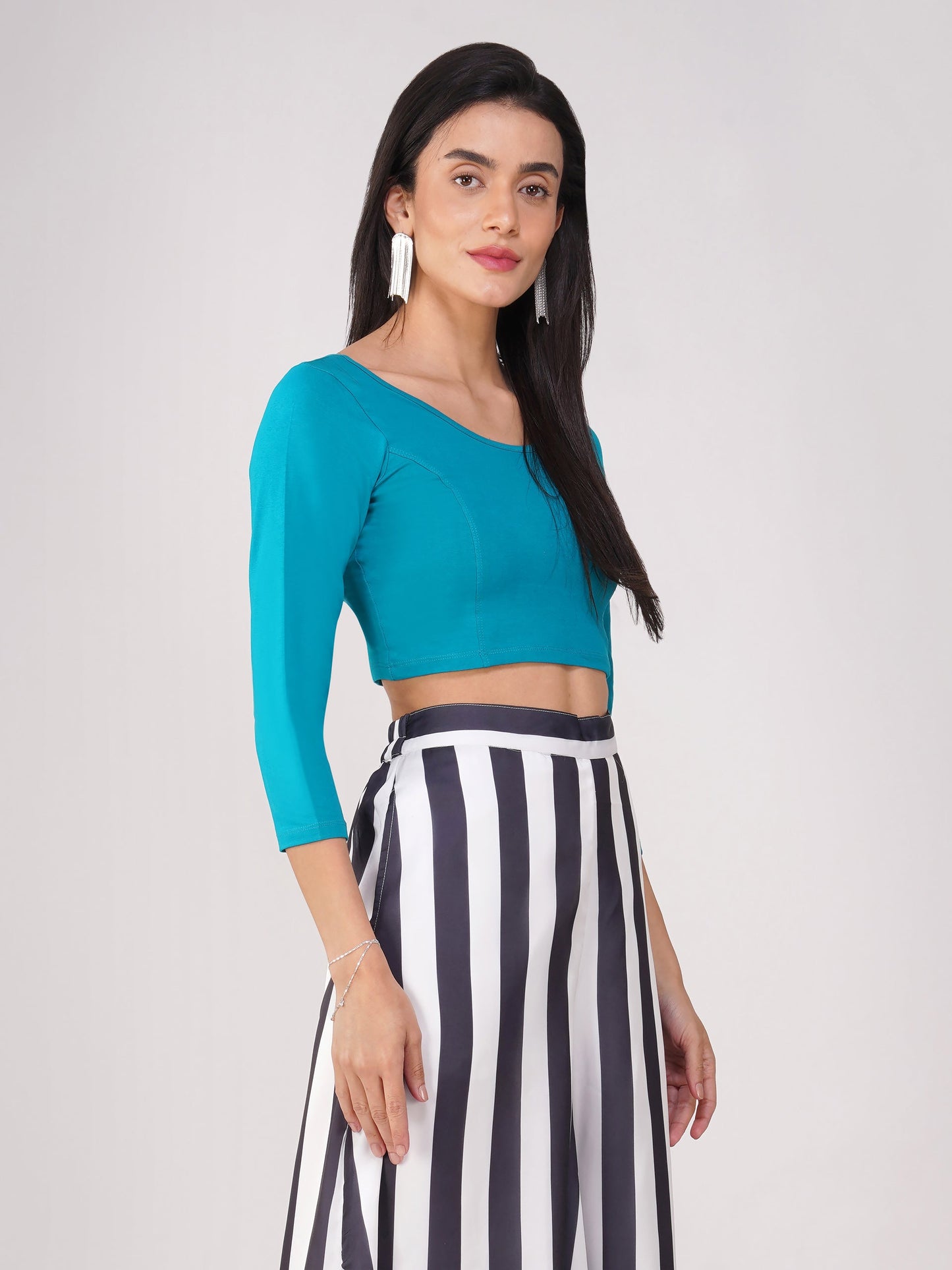 Dhiyona ST Women's ComfortEase 4-Way Stretch Turquoise Long Sleeve Blouse