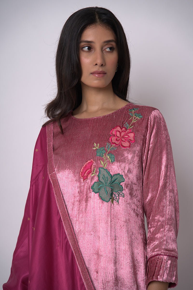 Women's Fushia Pink and Beige Silk Velvet Salwar Suit