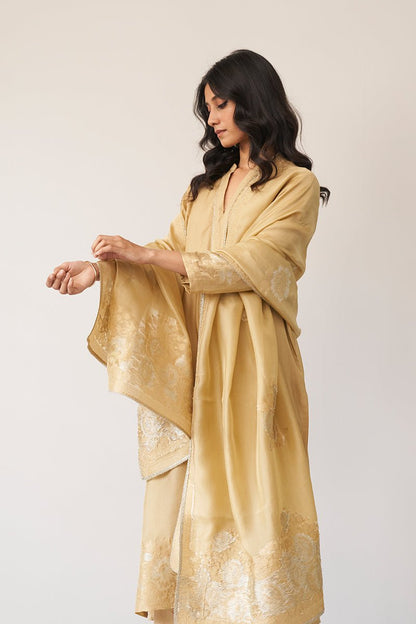 Women's Gold Beige Silk Jacquard Kurta Set