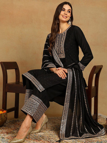 Dhiyona KL Ethnic Motifs Embroidered Regular Sequinned Kurta with Palazzos & Dupatta