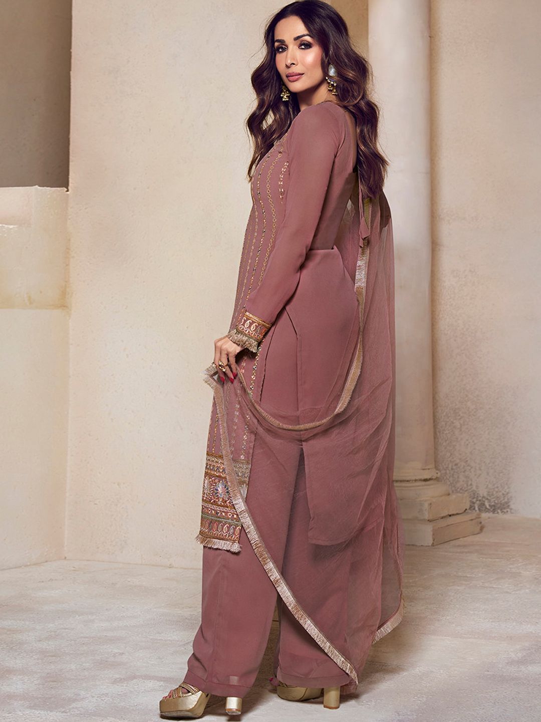 Dhiyona IN Ethnic Motifs Embroidered Regular Thread Work Kurta with Palazzos & Dupatta