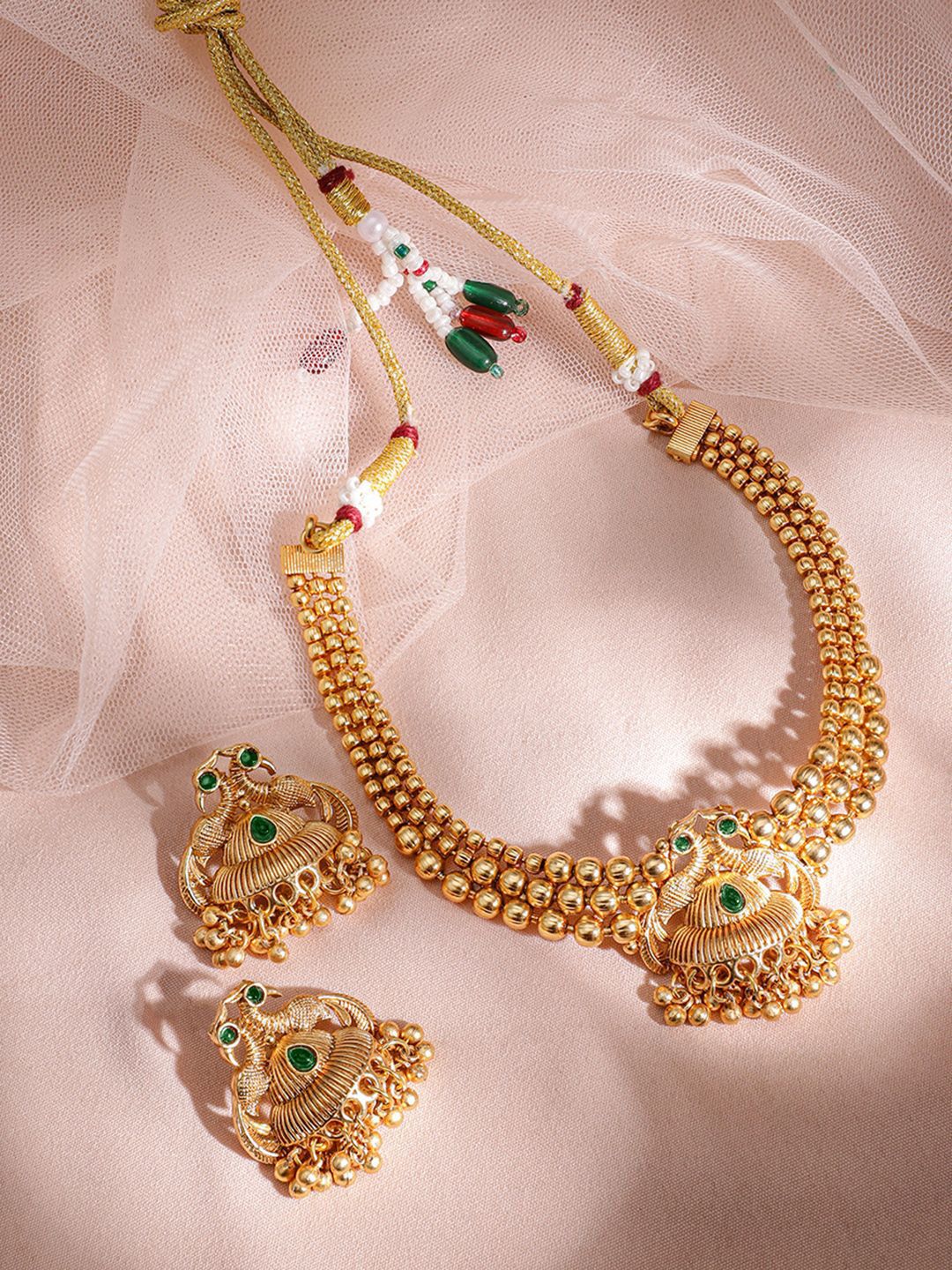 Dhiyona RJ Women's 22K Gold-Plated Green Stone & Gold Beaded Peacock Design Traditional Necklace Set