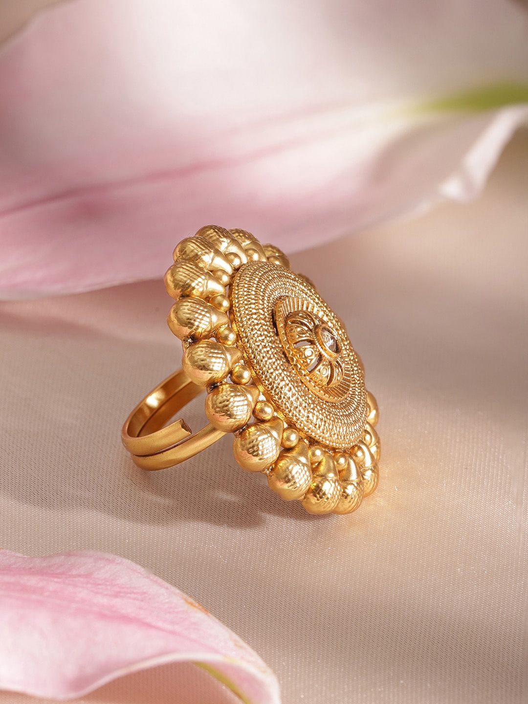 Dhiyona RJ Women's Women 22K Gold-Plated Antique Floral Motif Adjustable Statement Finger Ring