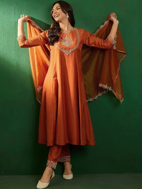 Women's Embroidered Boat-Neck Kurta With Trousers & Dupatta