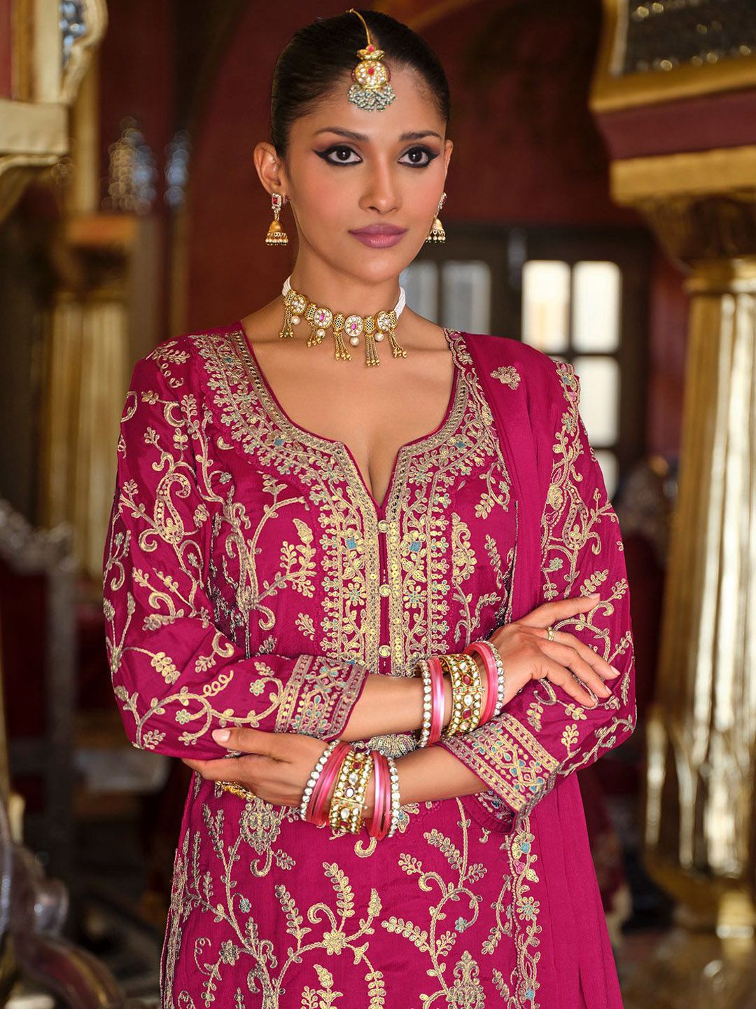 Dhiyona IE Adults-Women Woven Design Embroidered Kurta with Palazzos & Dupatta