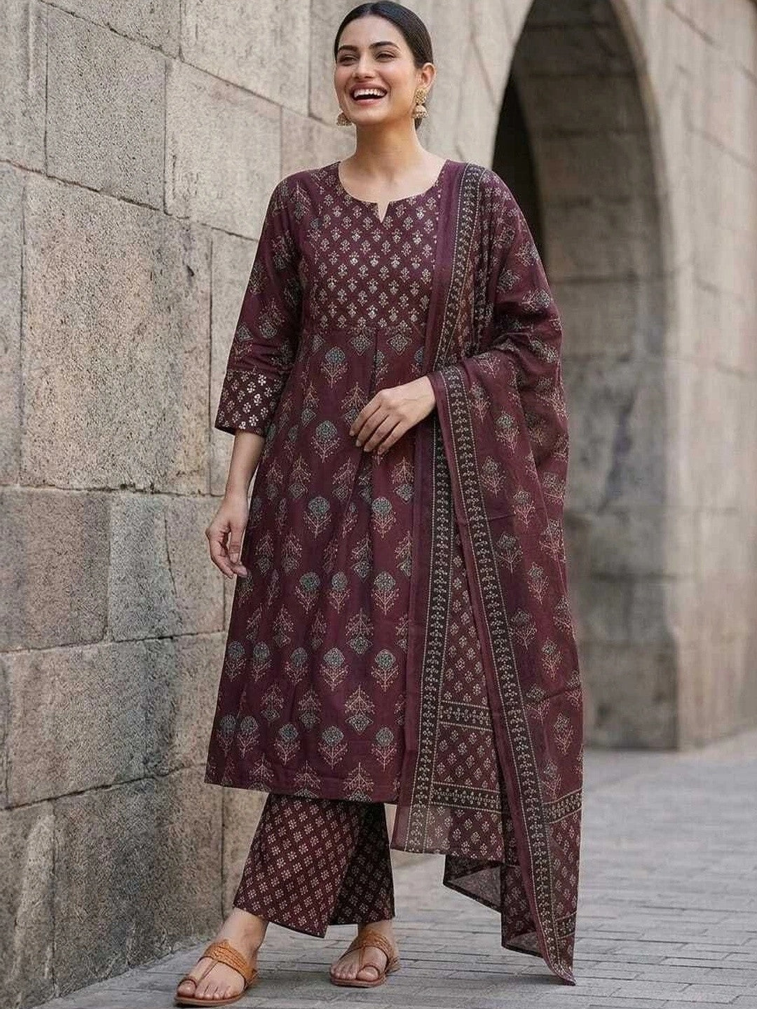 Women Ethnic Motifs Printed Regular Pure Cotton Kurta with Trousers & With Dupatta