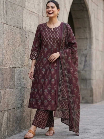 Women Ethnic Motifs Printed Regular Pure Cotton Kurta with Trousers & With Dupatta