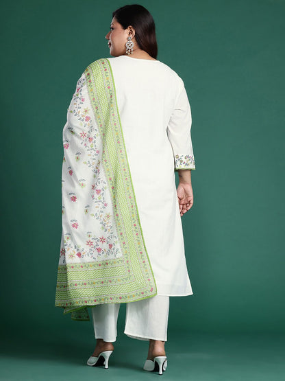 Dhiyona Women's Plus Size Floral Embroidered Thread Work Pure Cotton Kurta Set