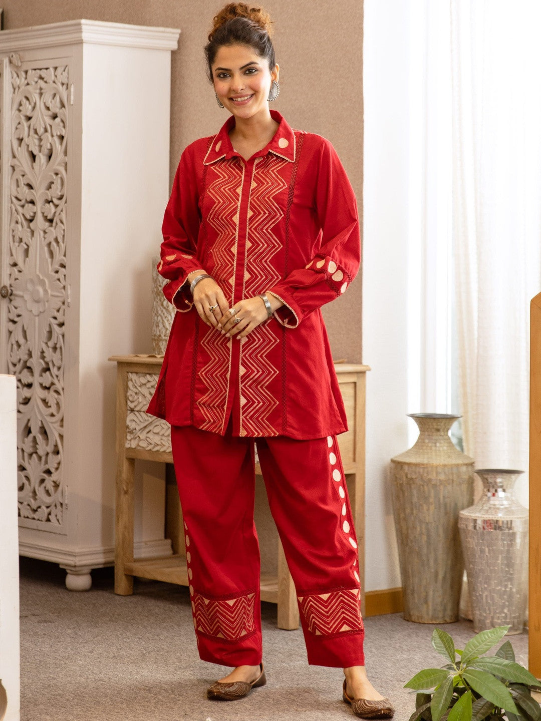 Dhiyona SN Printed Pure Cotton Shirt Collar Kurti & Trousers Kurta Sets