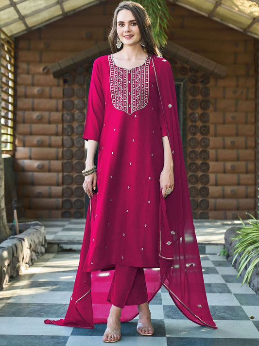 Dhiyona KL Geometric Embroidered Sweetheart Neck Straight Kurta With Trousers & Dupatta