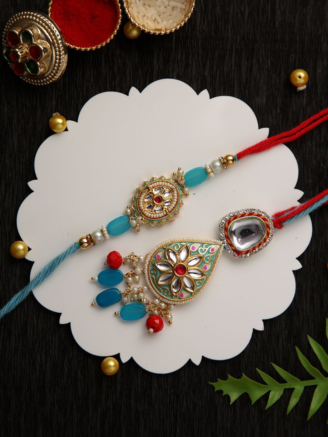 Dhiyona Bhaiya Bhabhi Kundan Studded Enameled Thread Rakhi With Roli Chawal & Greetings Card