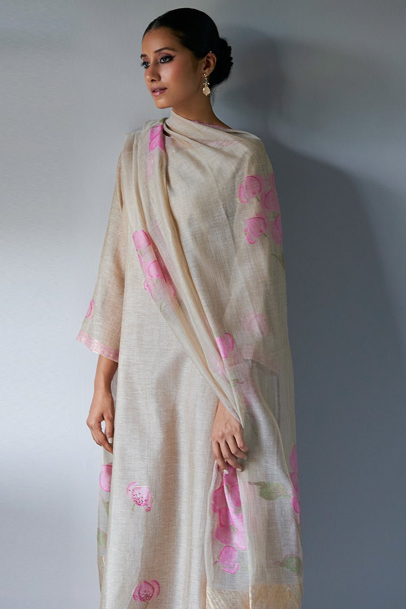 Women's Beige and Pink Woven Kurta Suit Set With Delicate Hand Work Detailing