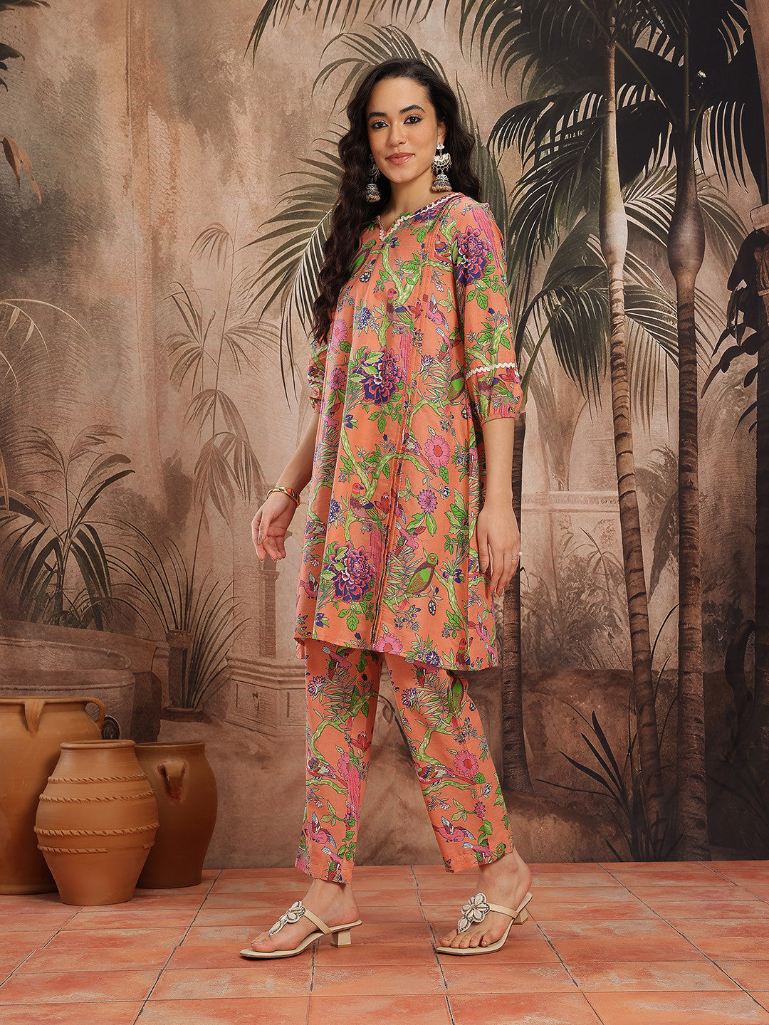 Floral Printed Lace Insert Detail Pure Cotton A-Line Kurta with Trousers