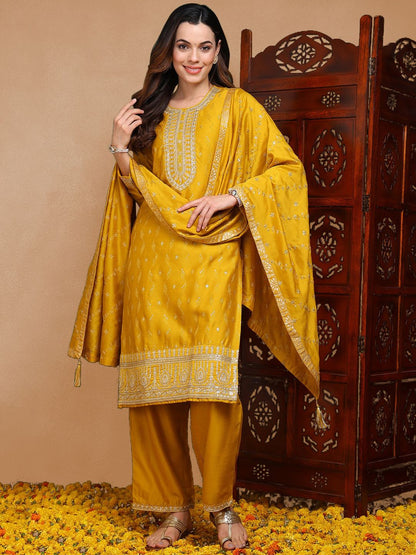 Dhiyona KL Ethnic Motifs Embroidered Sequinned Kurta With Palazzos & Dupatta