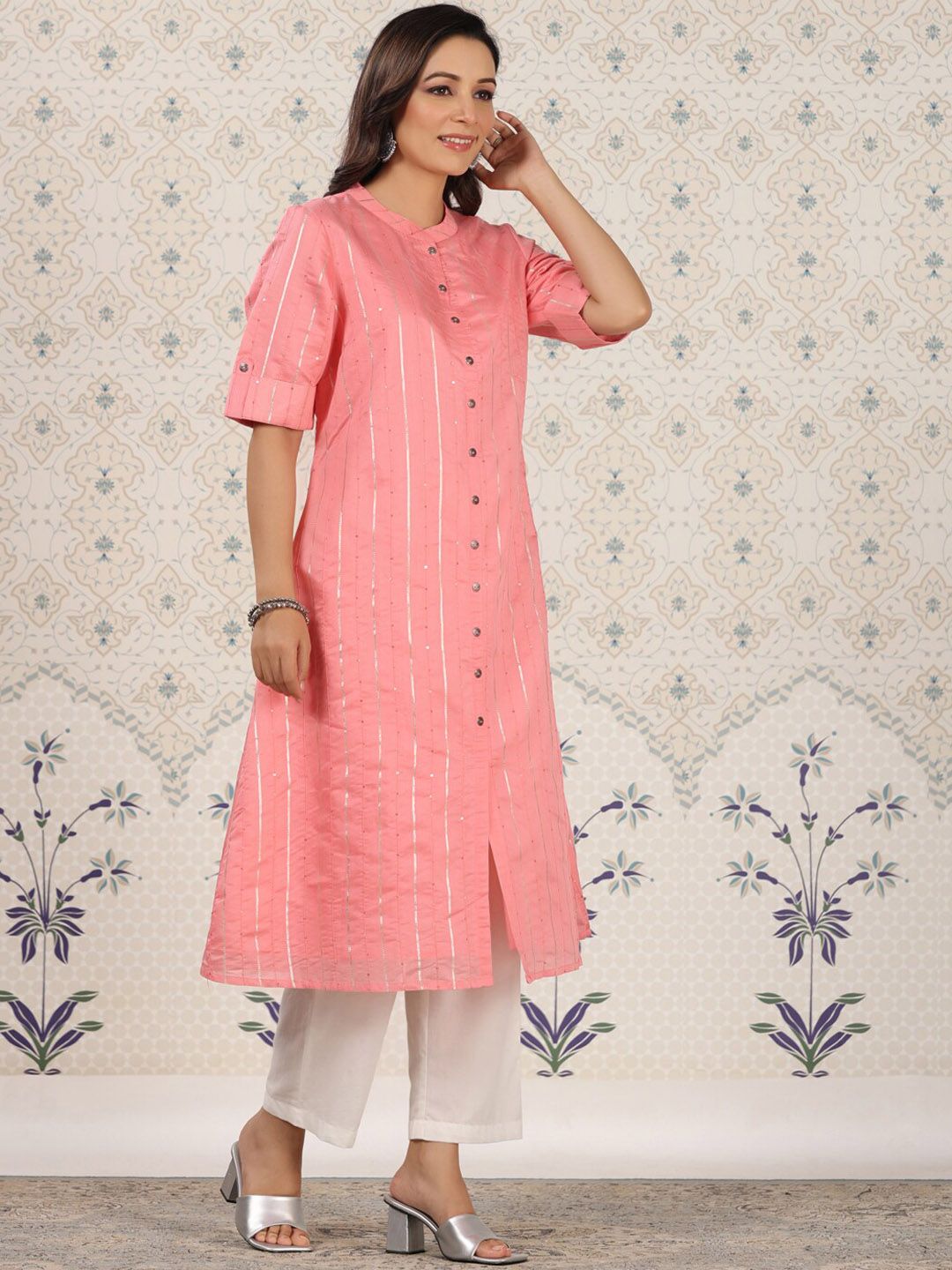 Dhiyona OD  Striped Gotta Patti Sequinned A-Line Kurta