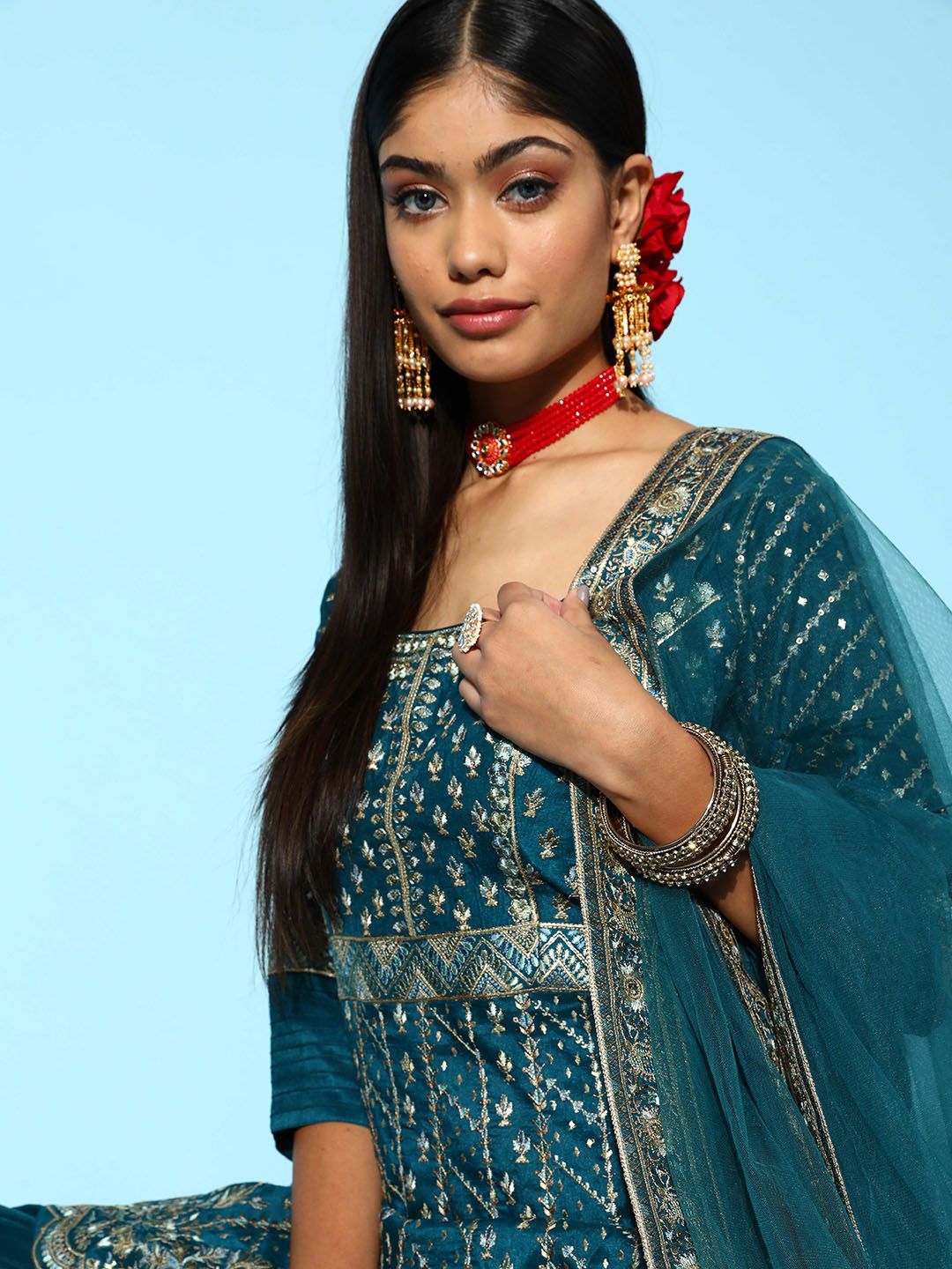 Dhiyona LL Floral Embroidered Sequinned Pure Silk Kurti With Palazzos & With Dupatta