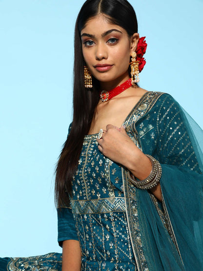 Dhiyona LL Floral Embroidered Sequinned Pure Silk Kurti With Palazzos & With Dupatta
