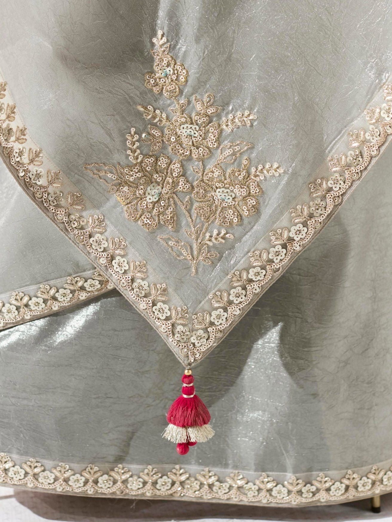Dhiyona KM Women Elegant Grey Silk Organza Saree With Red Blouse “ Inspired By Shadows & Fire