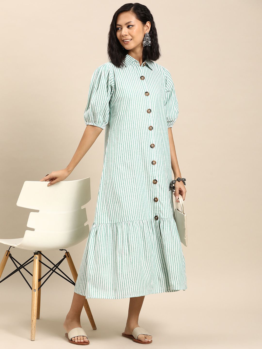 Dhiyona AY Women's Striped Puff Sleeve A-Line Cotton Midi Dress