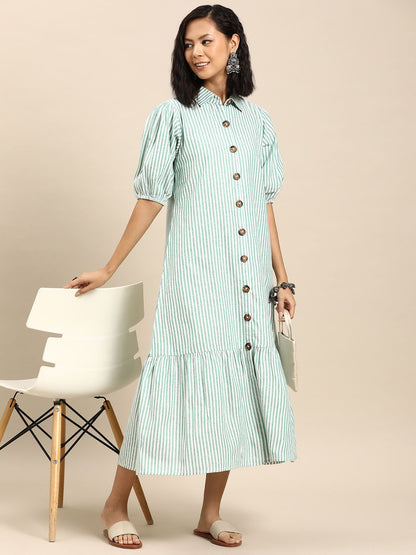 Dhiyona AY Women's Striped Puff Sleeve A-Line Cotton Midi Dress