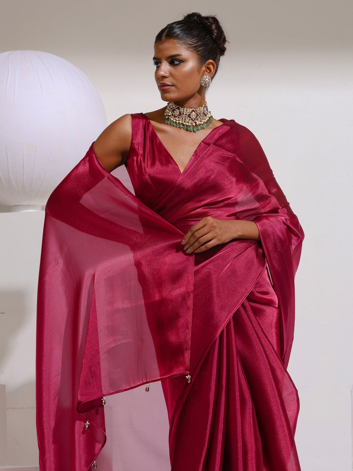 Dhiyona ST Wine Galaxy Organza Saree with Beads and Self Blouse Fabric