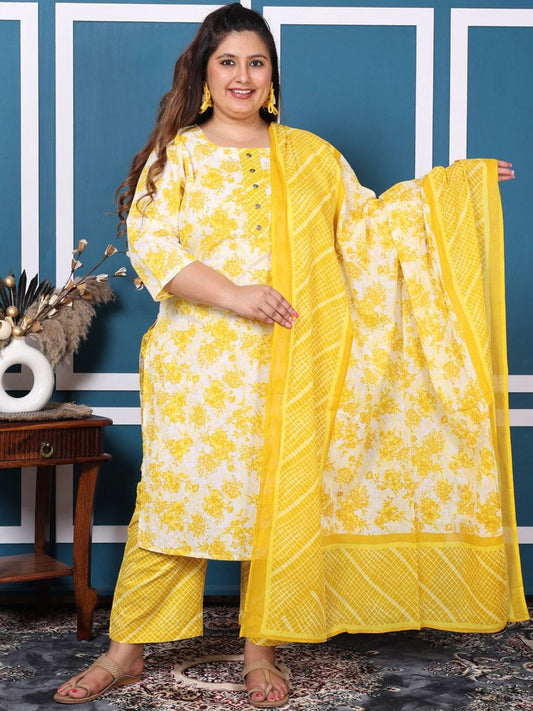Dhiyona KL Plus Size Floral Printed Pure Cotton Straight Kurta with Palazzos & Dupatta