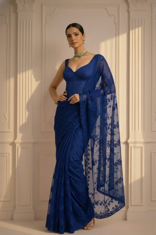 Dhiyona ST Prussian Blue Stripe Lace Saree with Sequin and Blouse Fabric
