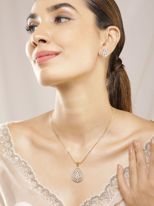 Dhiyona RJ Women's 22KT Gold Plated Cubic Zirconia Studded Floral Pendent Jewellery Set
