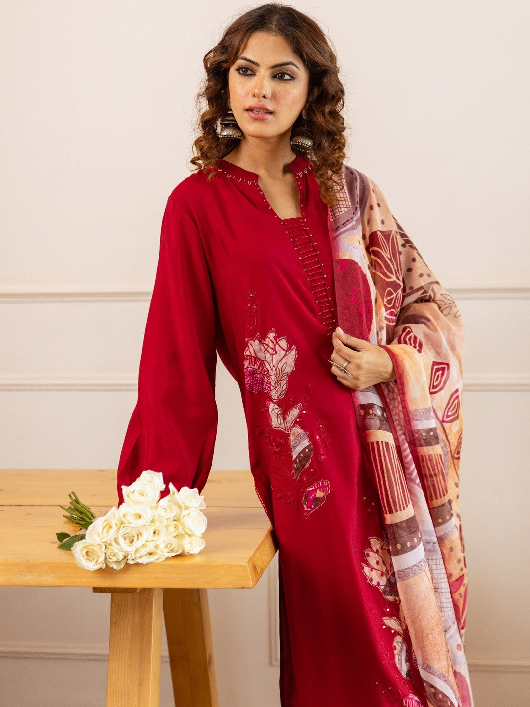 Embellished Straight Kurta With Trousers & Dupatta