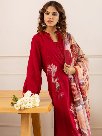 Embellished Straight Kurta With Trousers & Dupatta
