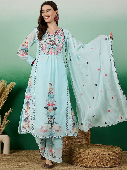 Dhiyona KL Floral Embroidered V-Neck Cuffed Sleeves Thread Work Kurta ,Palazzos & Dupatta