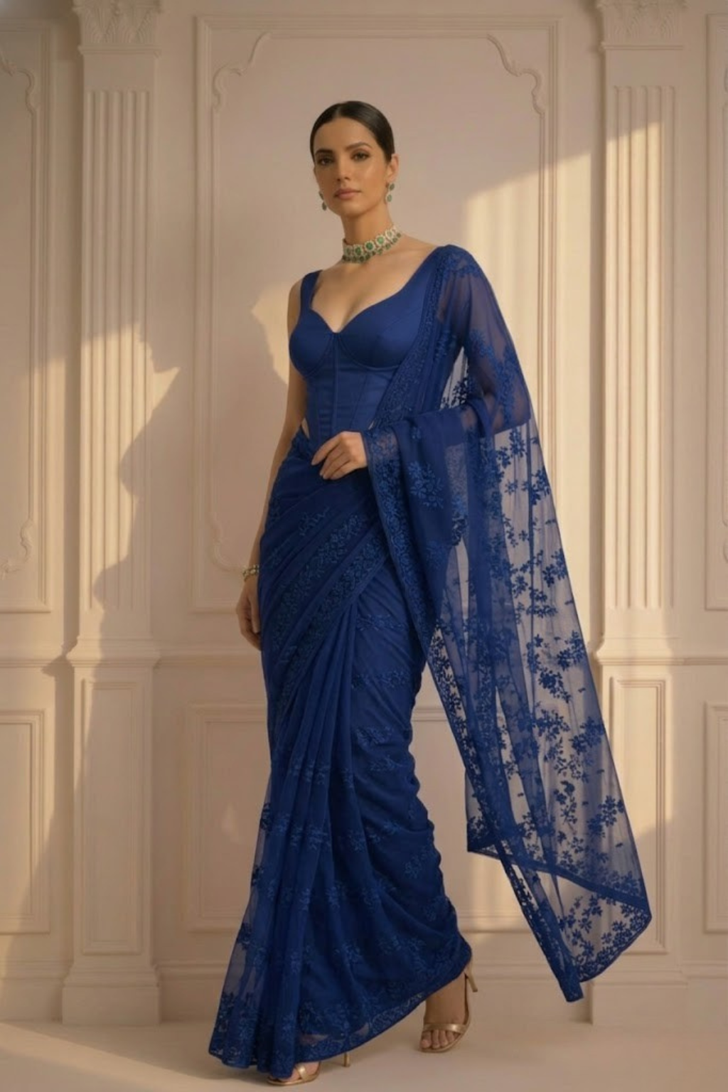 Dhiyona ST Prussian Blue Stripe Lace Saree with Sequin and Blouse Fabric