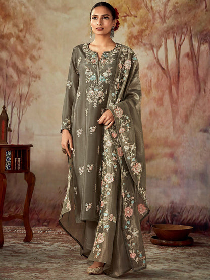 Floral Embroidered Regular Thread Work Chanderi Silk Straight Kurta Set